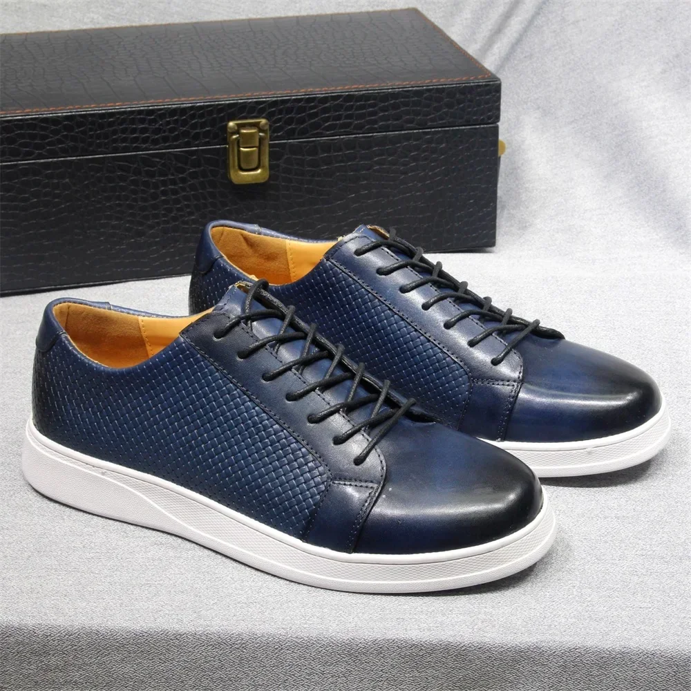 Men\'s European Style Genuine Leather Casual Shoes Black Blue Brown Lace-Up Flat Sneakers Designer Boat Shoes for Big Sizes