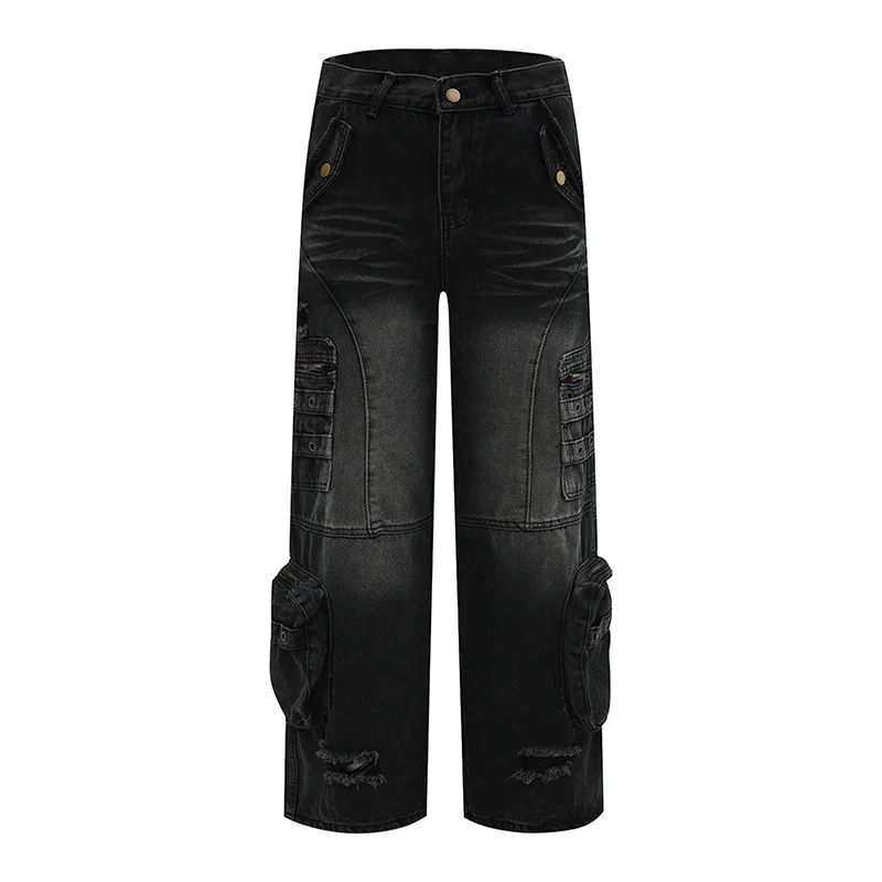 Hi Street Baggy Cargo Jeans Pants Multi Pockets Streetwear Black Denim Trousers For Male