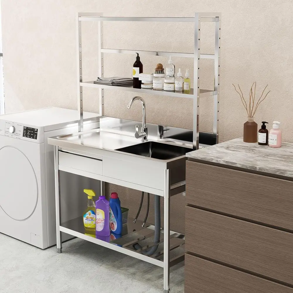 39 Stainless Steel Utility Sink, Standing Commercial Single Bowl Sink with Shelves & Legs, Cold and Hot Water Pipe, Indoor and O