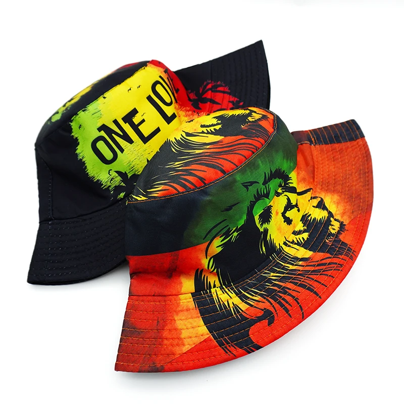 Bocca Rasta Lion Bucket Hat One Love Printing Pattern Fisherman Hats Location Design Double Sides Panama Cap Outdoor Sunscreen