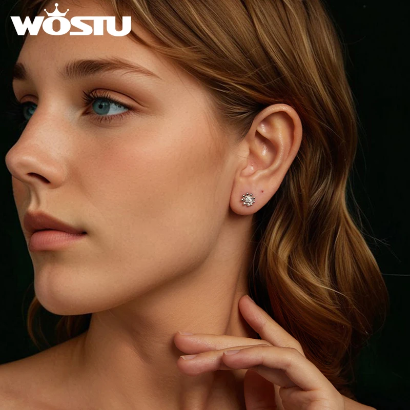 WOSTU Moissanite Mini Daisy Flower Clover Earrings 925 Silver Diamoind Cut Heart Round Wedding Studs Party Gift For Mom Daughter