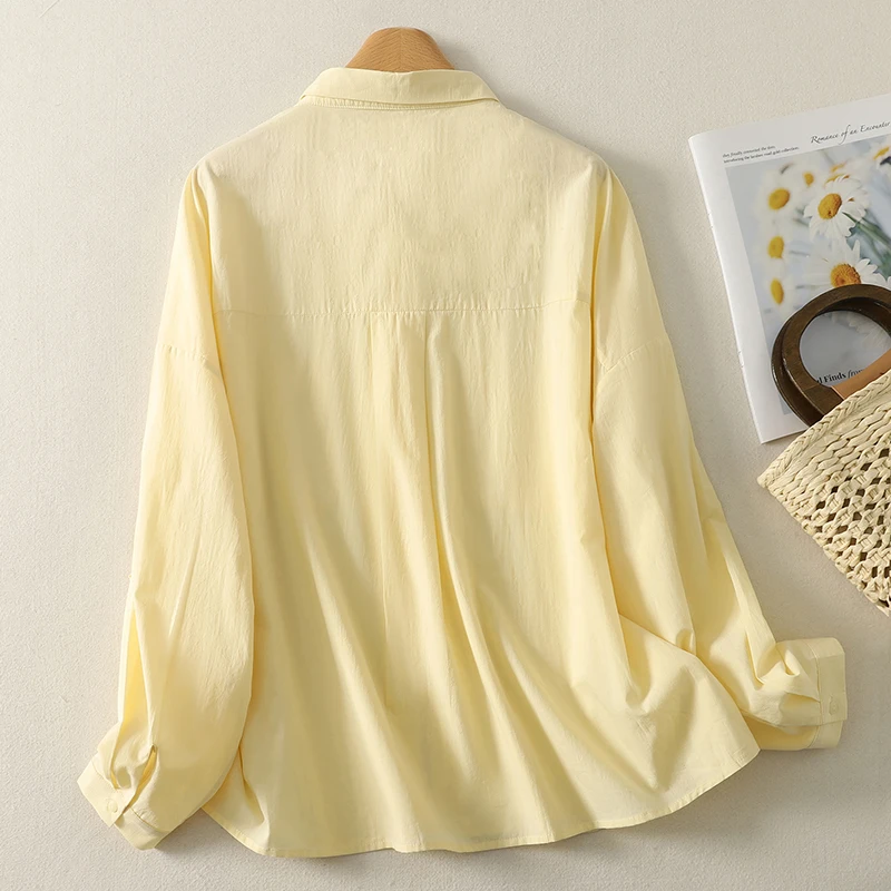 

2026 New Summer Thin Yellow Cotton Blouse Women Chinese Style Long Sleeve Single Breasted Casual Loose Shirts Fashion Women Tops