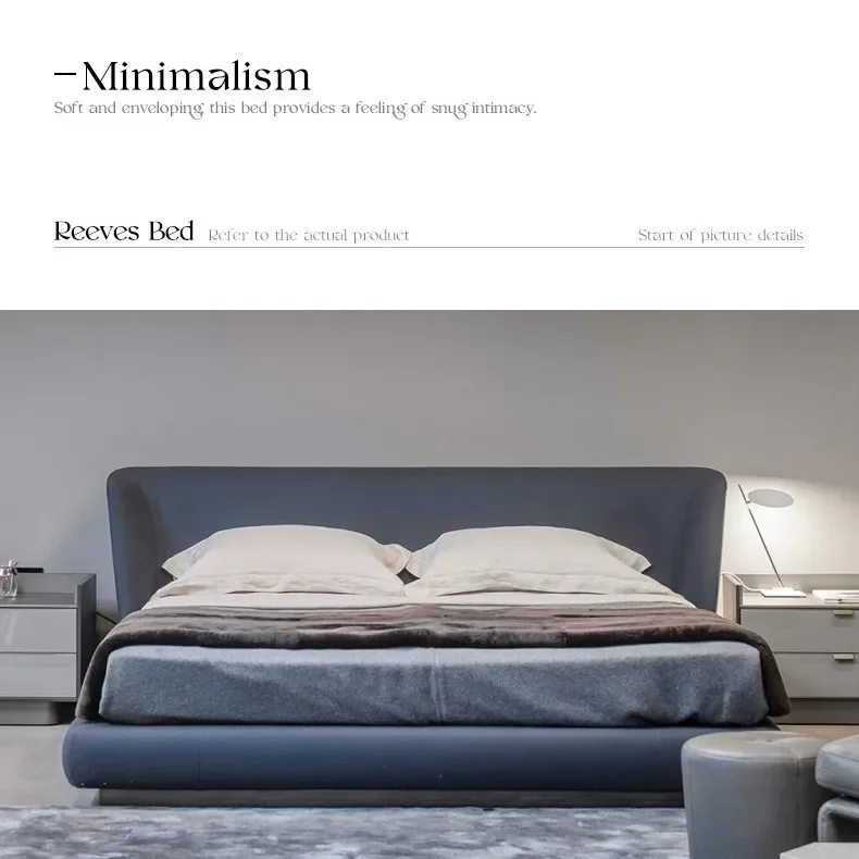 Villa modern minimalis dengan lantai datar, kamar tidur utama ganda bergaya Italia, tempat tidur kayu solid Italia.