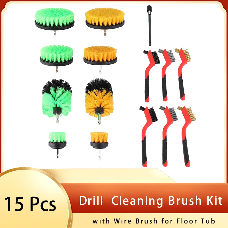 15 Pieces Power Drill Scrubber Cleaning Brush Kit with Wire Brush for Floor Tub Shower Tile Blinds Sills Car Vents Sinks Faucets