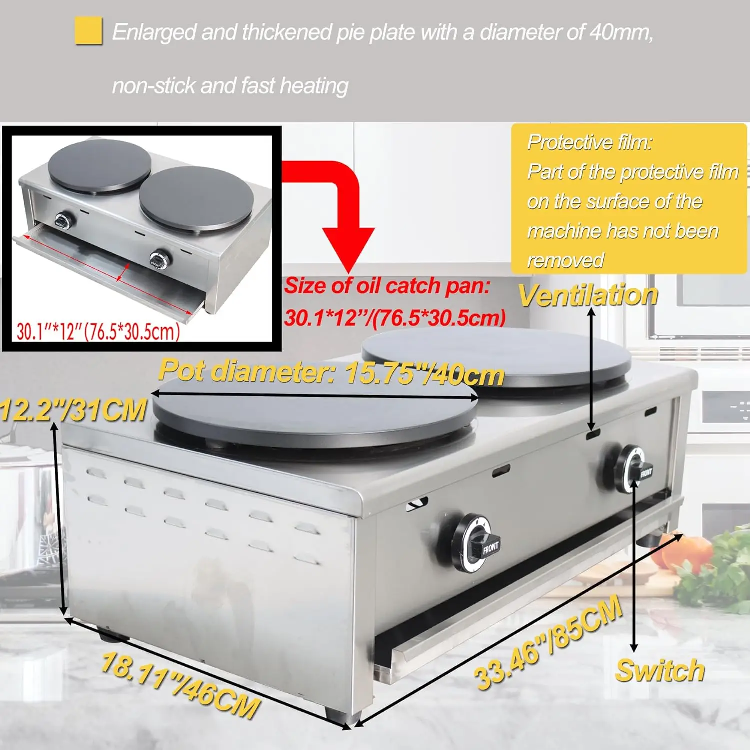 Double Burner 15.75" Commercial Pancake Maker Natural Gas 2000Pa Nonstick Crepe Maker Pancake Griddle Machine