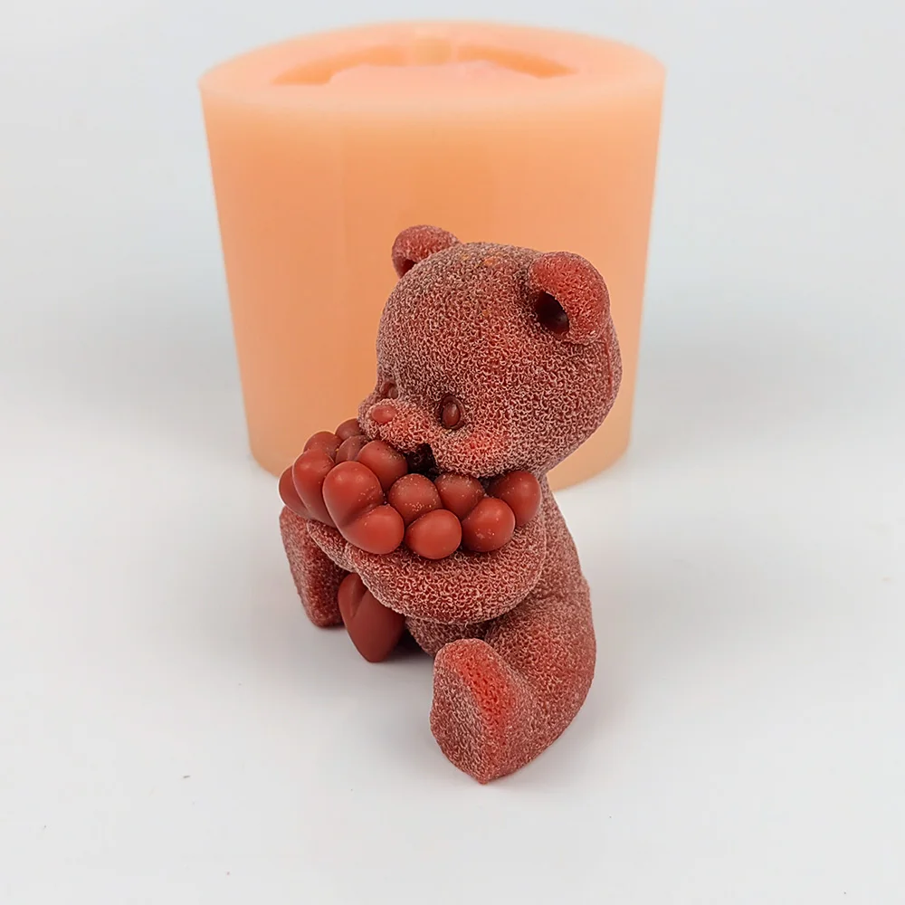 Animals Mold Bear Holding A Lot Of Love Candle 3D Moulds Soap Molds Silicone Wedding Birthday Valentine's Day DW0506