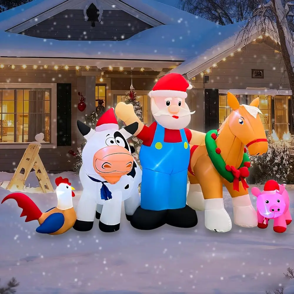 8-Foot LED-Illuminated Inflatable Santa Farm Scene with Horse, Pig, Cow, and Rooster for Holiday Decor