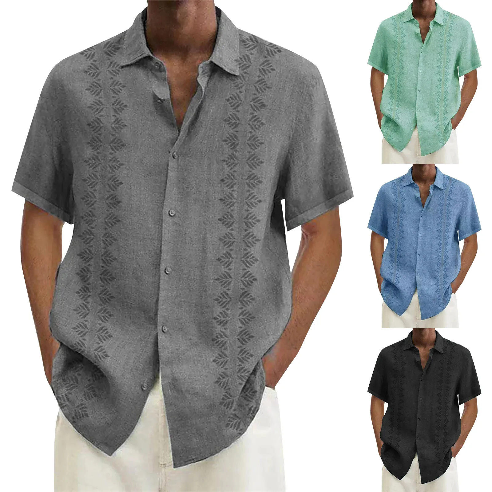 Cotton Linen Men Short-Sleeve Shirts Summer Solid Color Stand-Up Collar Casual Beach Style Plus Size Men Shirts M-5xl Hot Sale