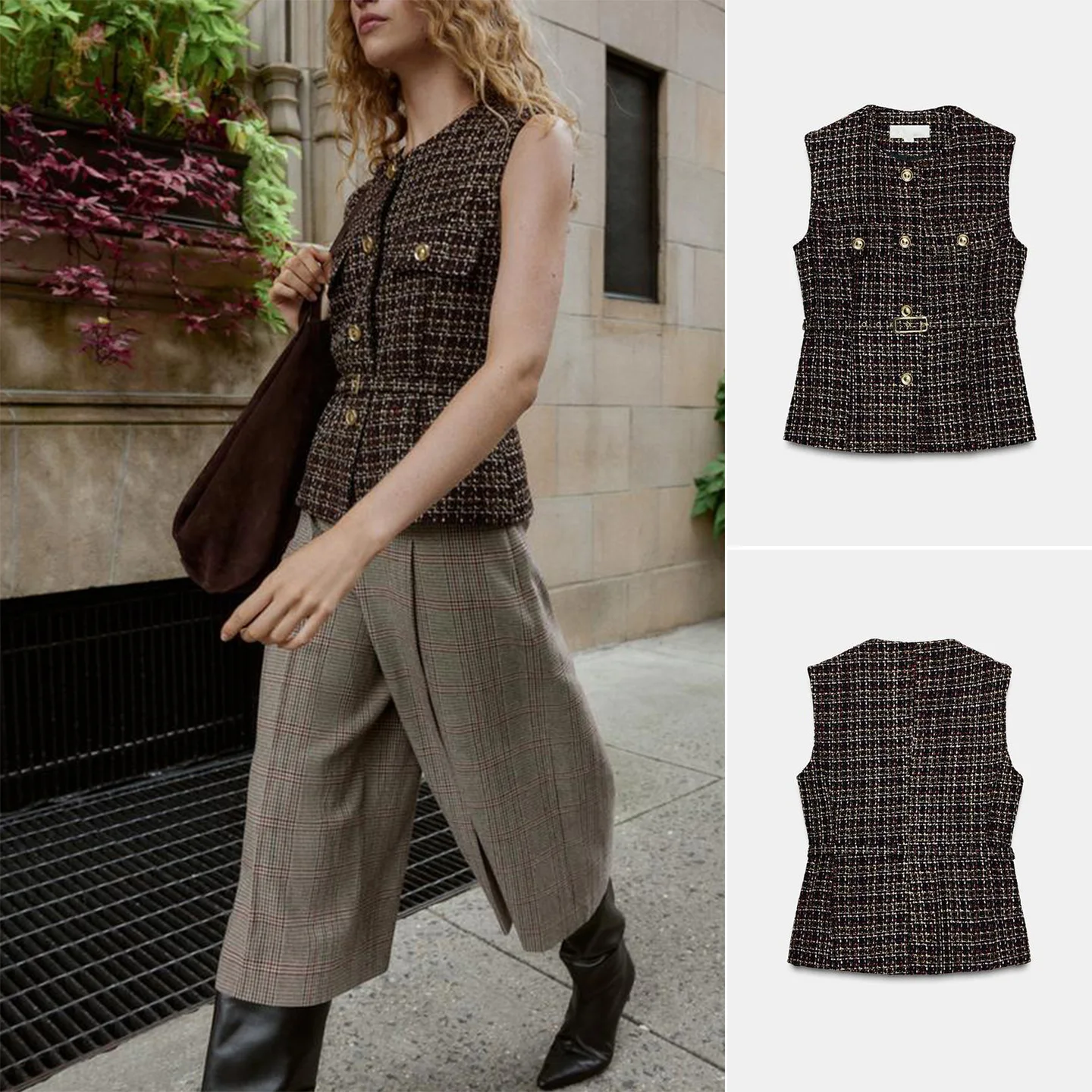 

Позолоченные пуговицы, круглый жилет Ne Svel, текстурный пояс, Новое поступление, женское модное французское волокно, длина из полиэфирного волокна