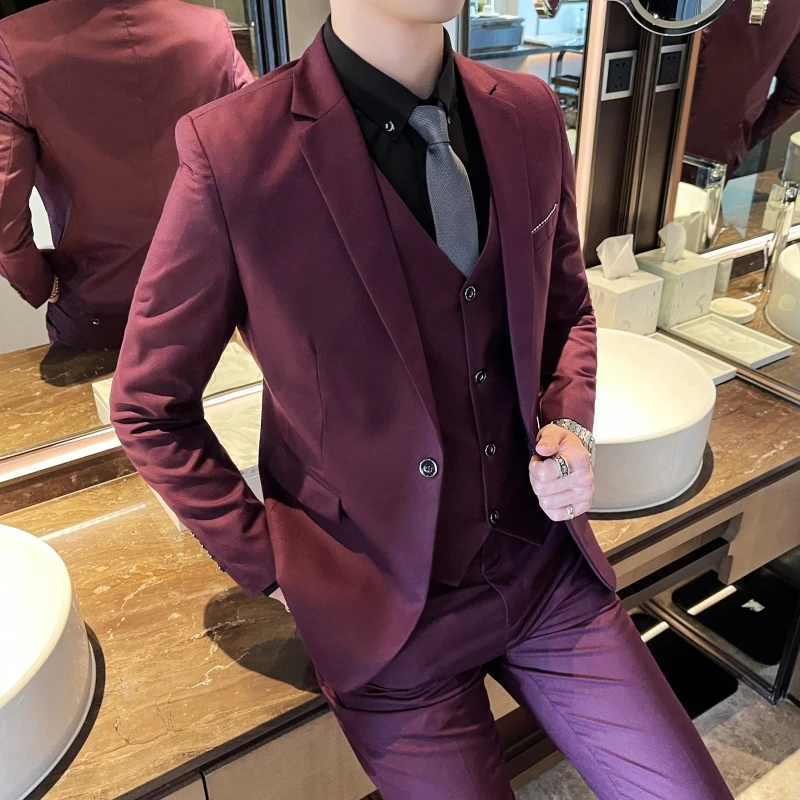 Four seasons classic solid color (suit + vest + trousers) wedding suit Fashion business handsome casual three-piece set