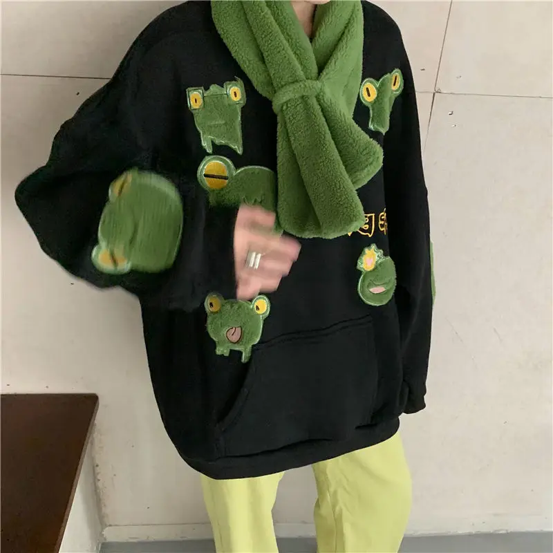 Winter Fleece Thickened Pullover Sweater Women's 2024 New Korean Version of The Harajuku Style Frog Lamb Fleece Sweater Sweater