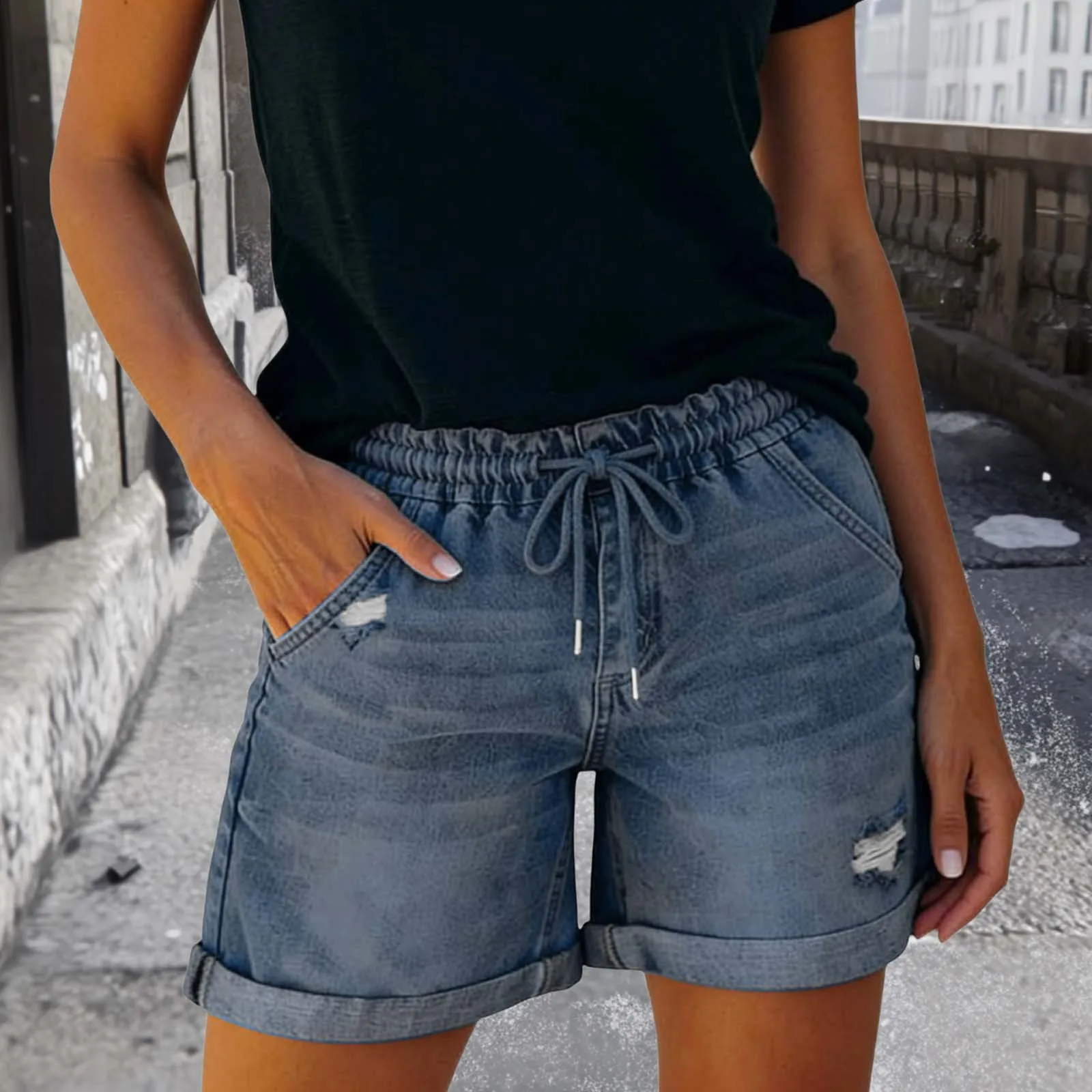 Women Summer Denim Shorts Drawstring Waist Ripped Hole Straight Short Pants Ladies Casual Shorts
