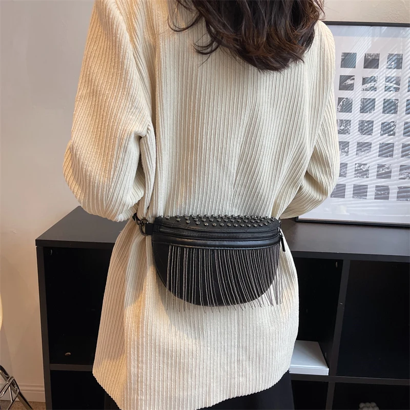 MOODS Luxury Women Crossbody Bags 2023 New Branded Designer Chest Bag Rivet And Tassel Decored Large Capacity Waist Fanny Packs