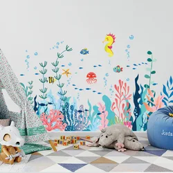 2pcs Coral Submarine Animal Cartoon Wall Stickers Children's Room Living Room Bedroom Study Dining Room Decoration Wall Sticker