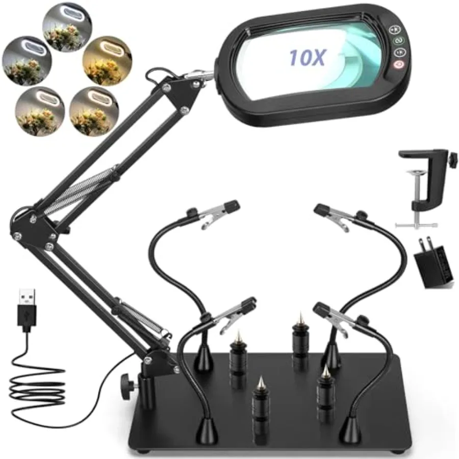 

Helping Hands Soldering Station, 10X Square Magnifying Glass with Light and Stand, 4 Magnetic Third Hands and 4 PCB Circuit Boa