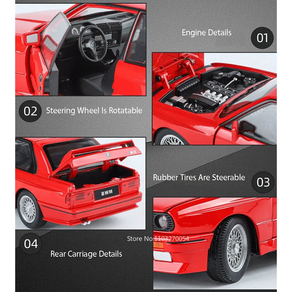 1:24 BMW M3 미니어처 모델 합금 자동차 장난감, 다이캐스트 금속 차량, 사운드 라이트 풀 백, 4 도어 오픈 장난감 컬렉션, 소년 선물