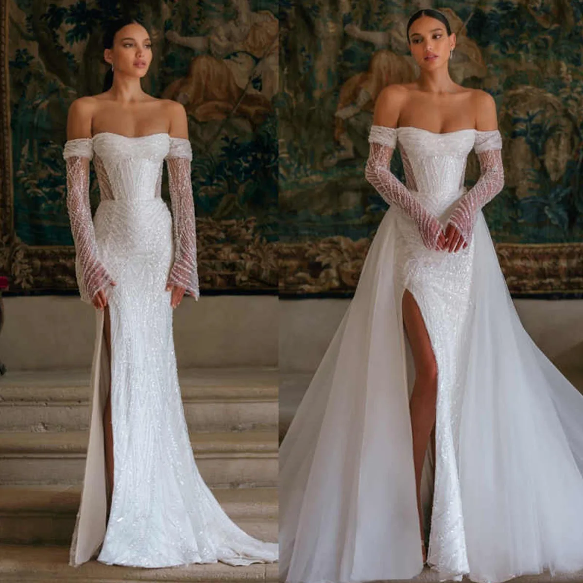 

Customized Stylish A-Line Wedding Dresses Of Shoulder V Neck Sequins Straps Appliques Lace Side Slit Pearls Bridal Gowns Dress