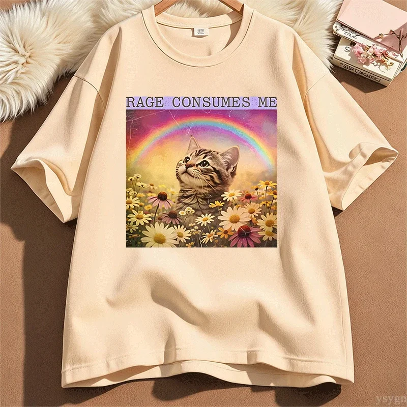 Retro Rage Consumes Me T Shirt Funny Kitten Graphic Tees Rainbow Cat Tee Men Women Casual Round Neck Printed Tees Tops