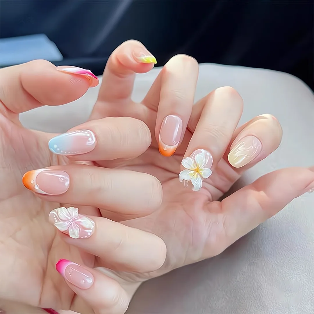 10pcs Handmade Press on Nails Summer Island Cream Flower Full Coverage Nail Tips for Women&Girls Short Detachable Wearable Nail