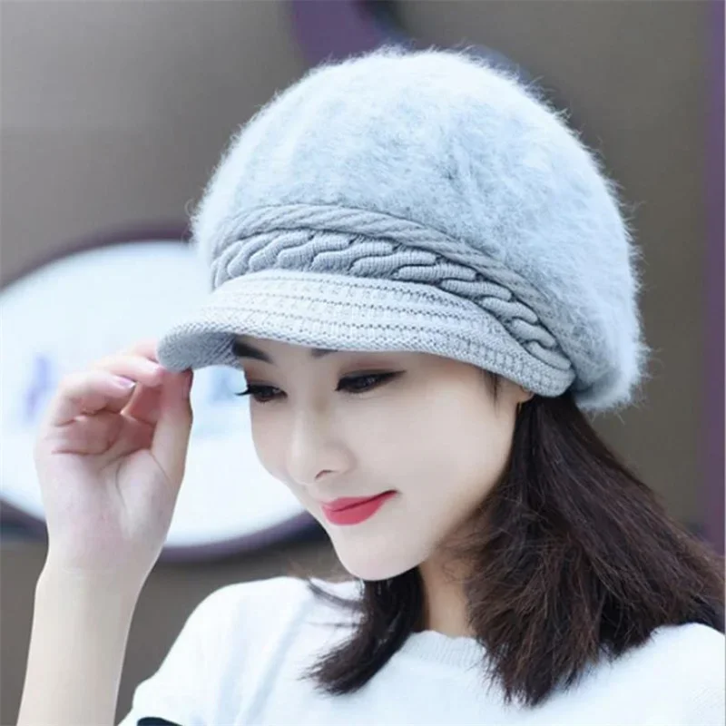 New Women Winter Beret Hats Thick Knitted Rabbit Fur Caps Wool Knitted Female Berets Warm Cap Skullies Cabbie Beanies Hats