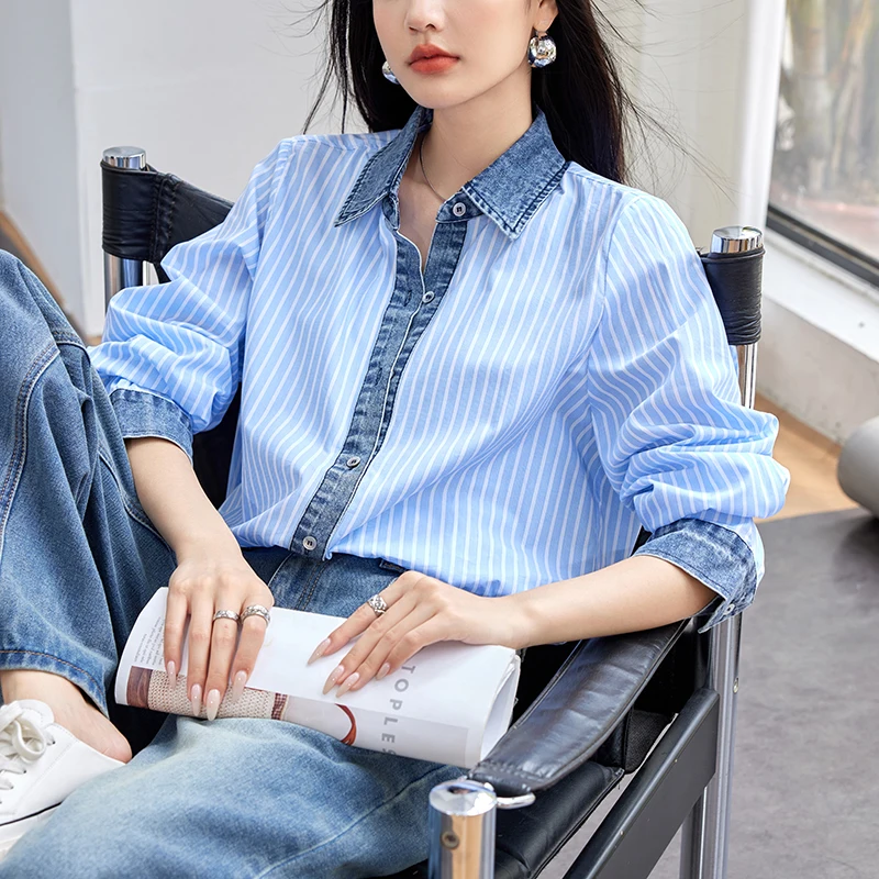 QOERLIN Designer Denim Splicing Striped Shirts Women Long Sleeve Casual Loose Blue White Blouse Office Ladies Work Elegant Tops