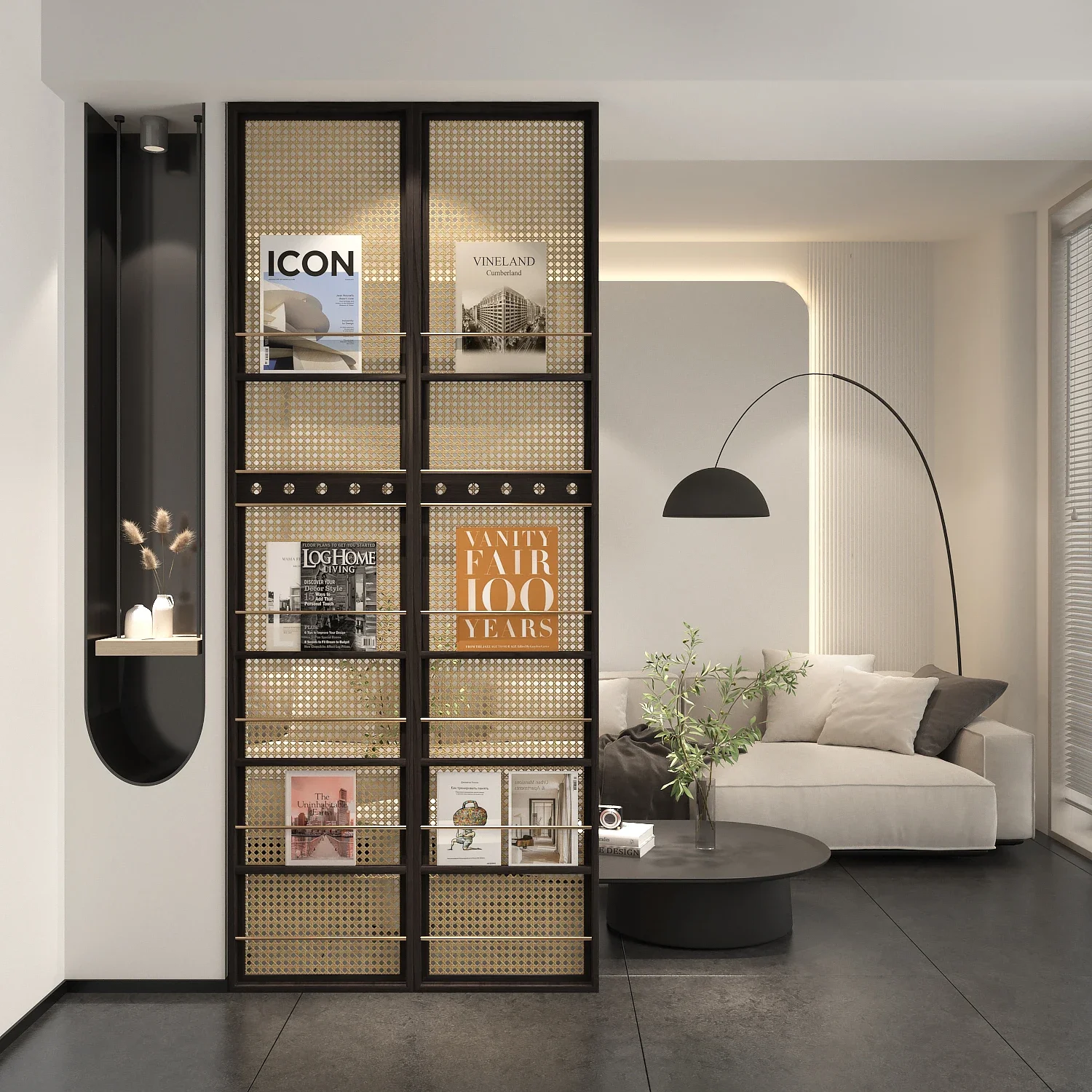 Solid wood rattan partition living room Japanese storage bookshelf wabi sandy wind simple homestay hotel lobby grille decoration