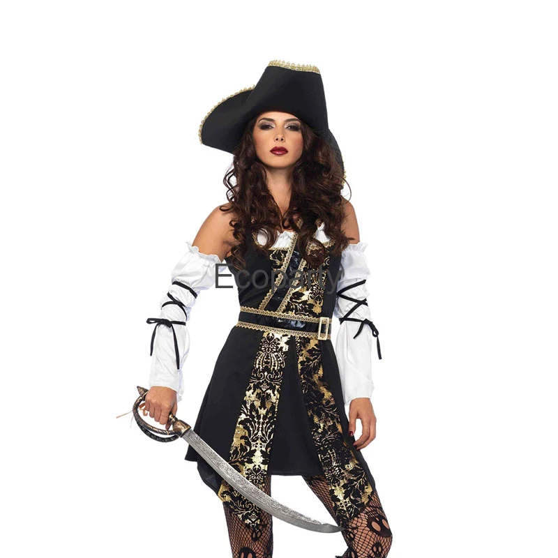 Women Halloween Caribbean Pirates Costume Sexy Gothic Pirate Captain Cosplay Dress Hat Set Female Purim Carnival Party Clothing