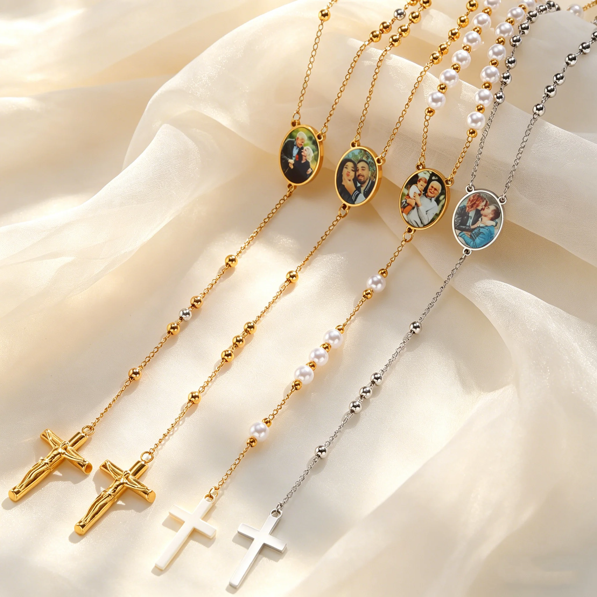 Image of Personalisierte Foto-Halskette für Frauen, Edelstahl Jesus-Kreuz Y-förmige Rosenkranz-Halskette, Individuell Angepasster Schmuck Geschenk