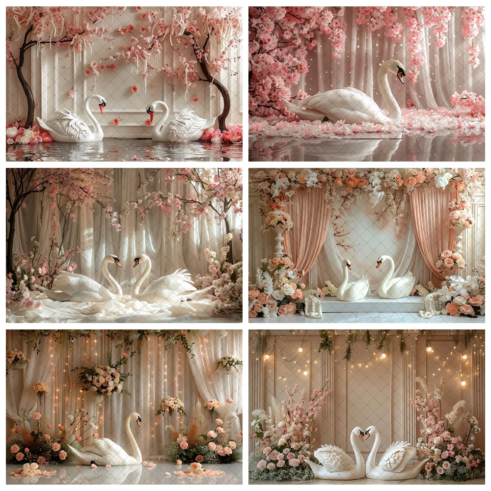 

Photography Background White Swan Floral Curtain Girls Birthday Party Cake Smash Portrait Decor Backdrop Photo Studio