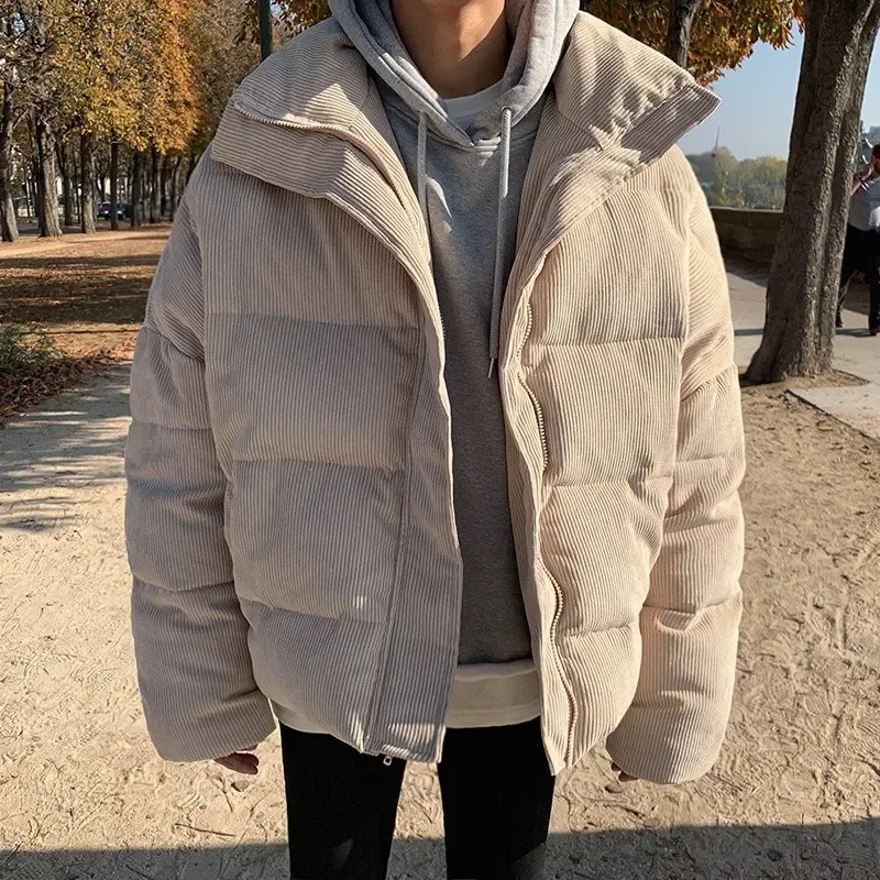 LIBIELIY Korean Version Of The New Winter Corduroy Thickened Cotton-padded Coat, Solid Color Casual Loose Stand Collar Zipper Co