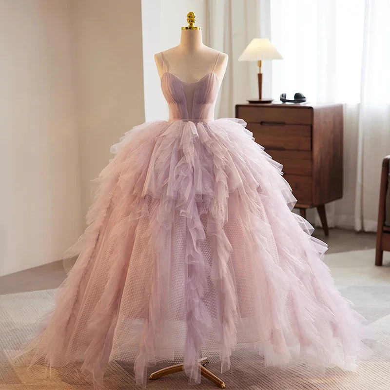 

Evening Dresses Purple Tulle Sgaphetti Straps Ruffles Pleat Princess Floor Length Plus size Women Party Formal Ball Gowns B2721
