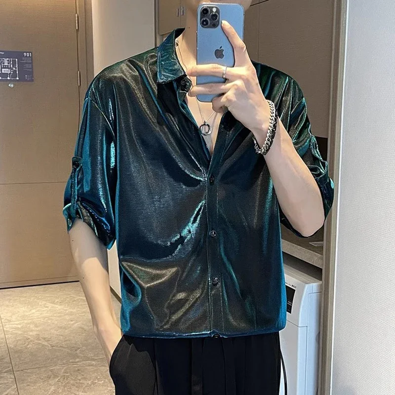 

Summer Short Sleeved Bright Glossy Camisas De Hombre Nightclub Prom Wear Sexy Loose Men Shirt Plus Size Mens Designer Clothing