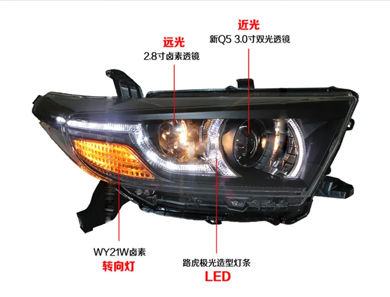 Kluger 2012 2013 2014year2pcs Bumper lamp Head light For Highlander Headlight HID bulb LED Taillight DRL Running lights Bi-Xenon