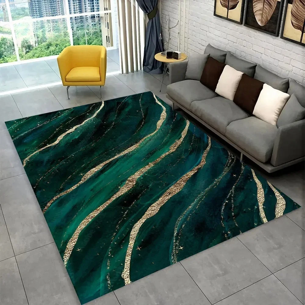 NONE Anspruchsvolle nordische blaue und goldene Marmor-Bodenmatte, geometrischer Teppich für Wohnzimmer oder Schlafzimmer, rutschfester Teppich für Sofa-Fußmatte 4