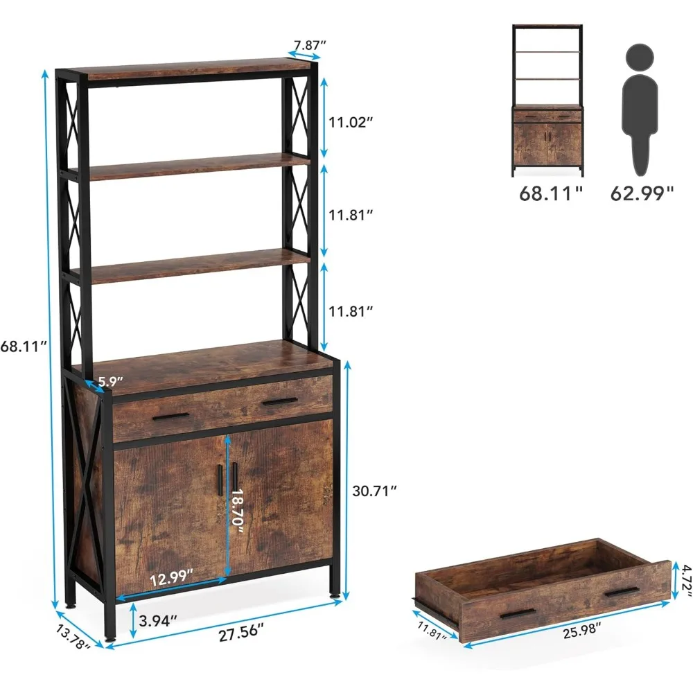 Bookshelf Set of 2, Tall Bookcase with Doors and Drawer, Industrial Etagere Storage Cabinet Display Rack for Home Office, Living