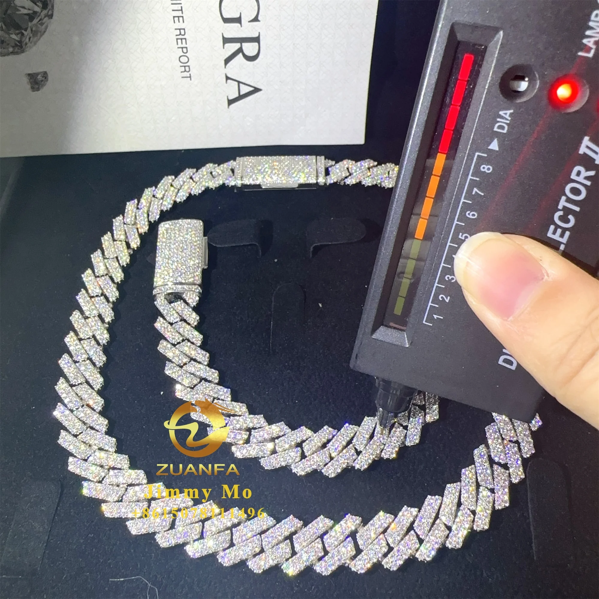 Hot Selling Pass Diamond Tester 925 Solid Silver 13mm Two Rows Iced Out Hip Hop Flawless Moissanite Diamond Cuban Link Chain