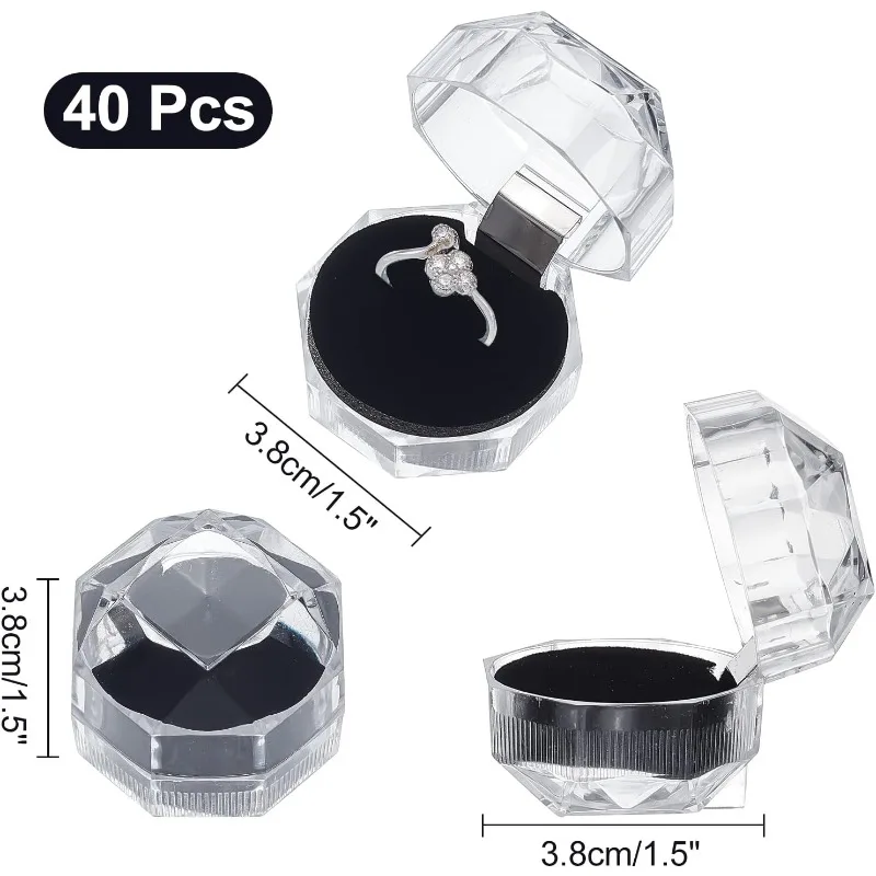 40 ชิ้นสีดําพลาสติกใสกล่องแหวนต่างหูคริสตัลกล่องเครื่องประดับสําหรับงานแต่งงานข้อเสนอวันวาเลนไทน์ 1.5 × 1.5 นิ้ว