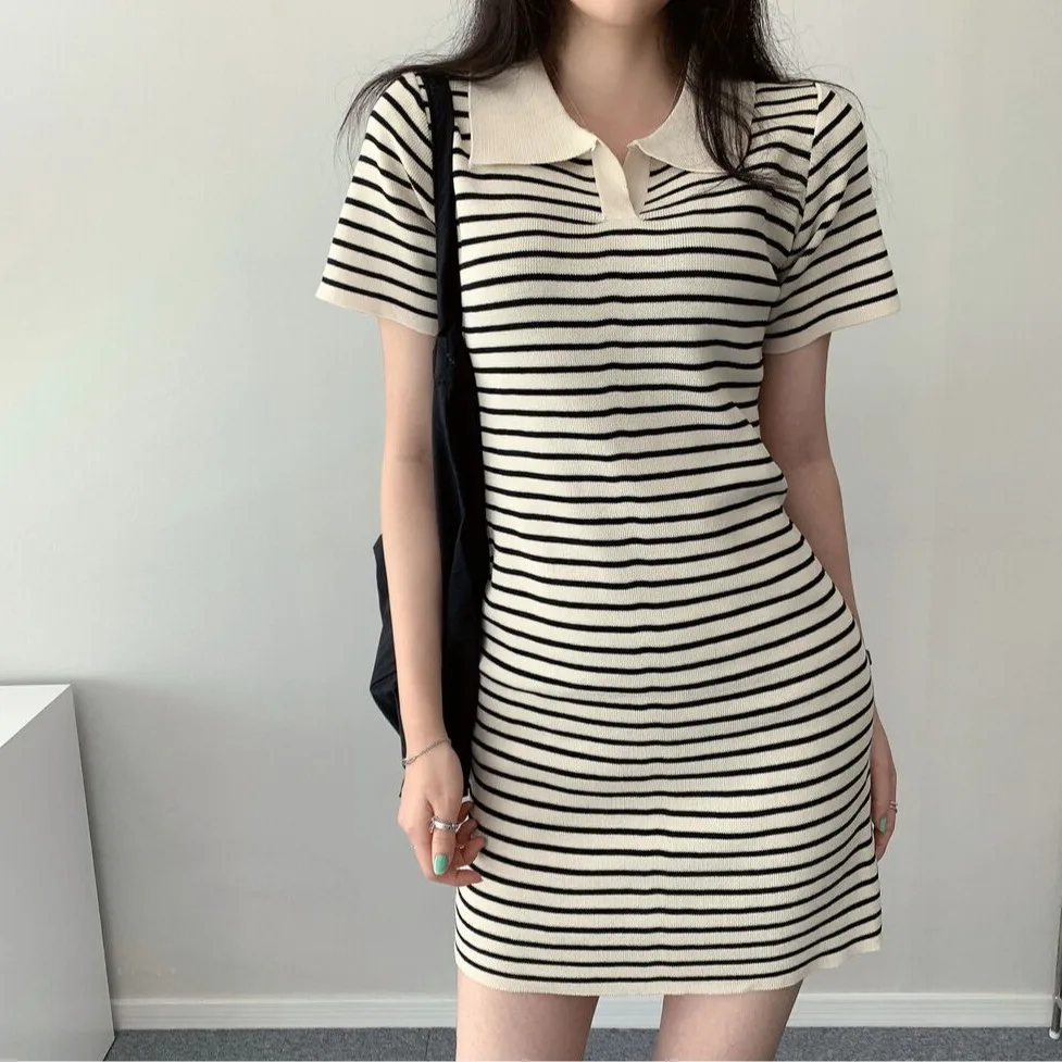 

Slimming Effect Knitted Dress Collar Stripe Pattern Summer New Arrival Korean Style Casual Fit Short Sleeve Women's Dress