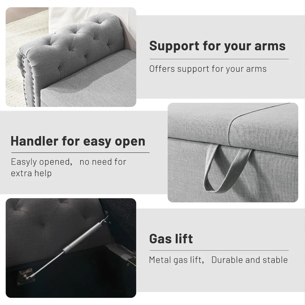 مقعد عثماني للتخزين لغرفة المعيشة - مقعد منجد لغرفة النوم الحديثة مع ذراع ملفوف، نهاية أثاث السرير، ديس موفر للمساحة #5