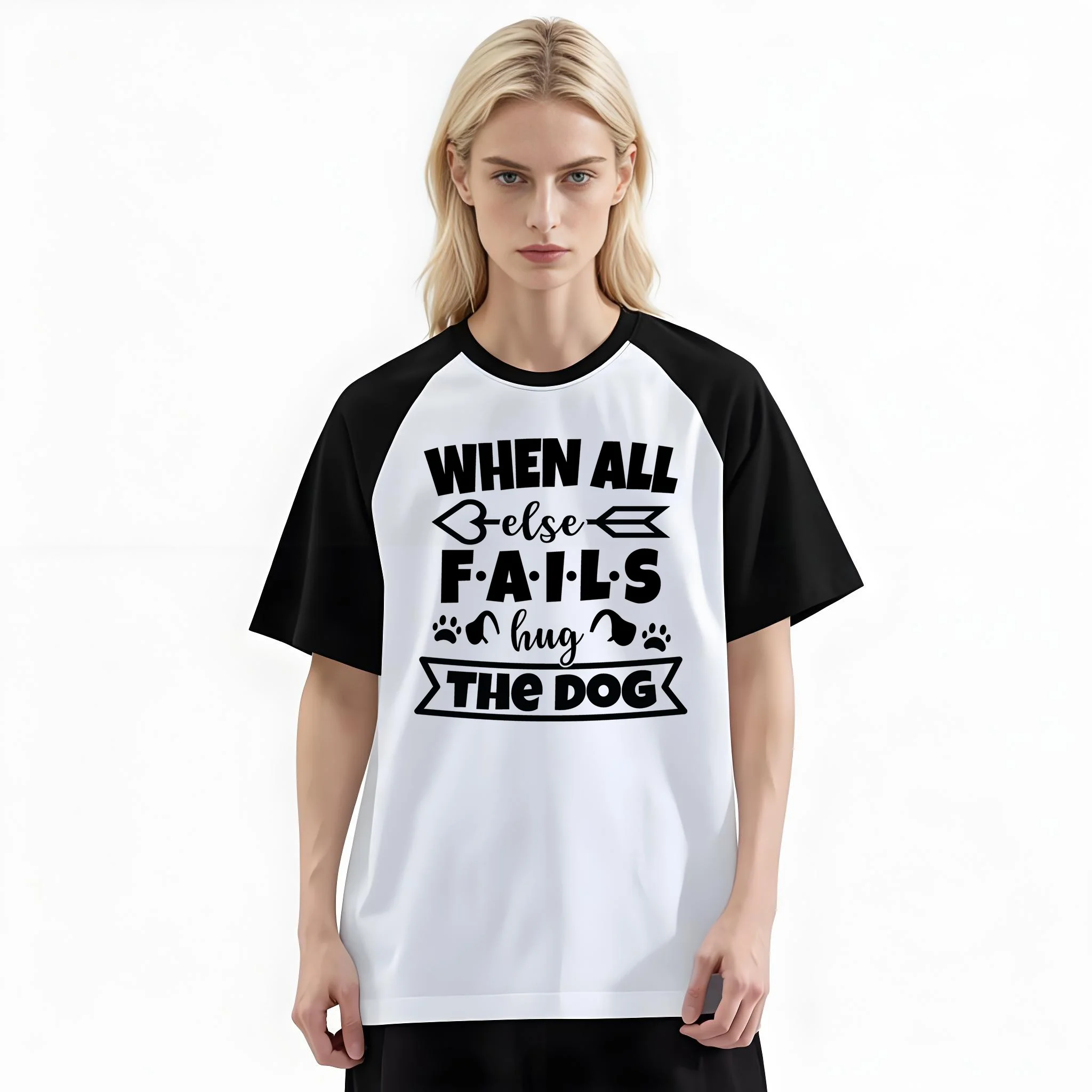 Women'S Fashion Raglan Sleeve T-Shirt, When All Else Fails Hug The Dog Printed, Summer Casual Comfortable Tee, Women'S Everyday Short-Sleeve Top
