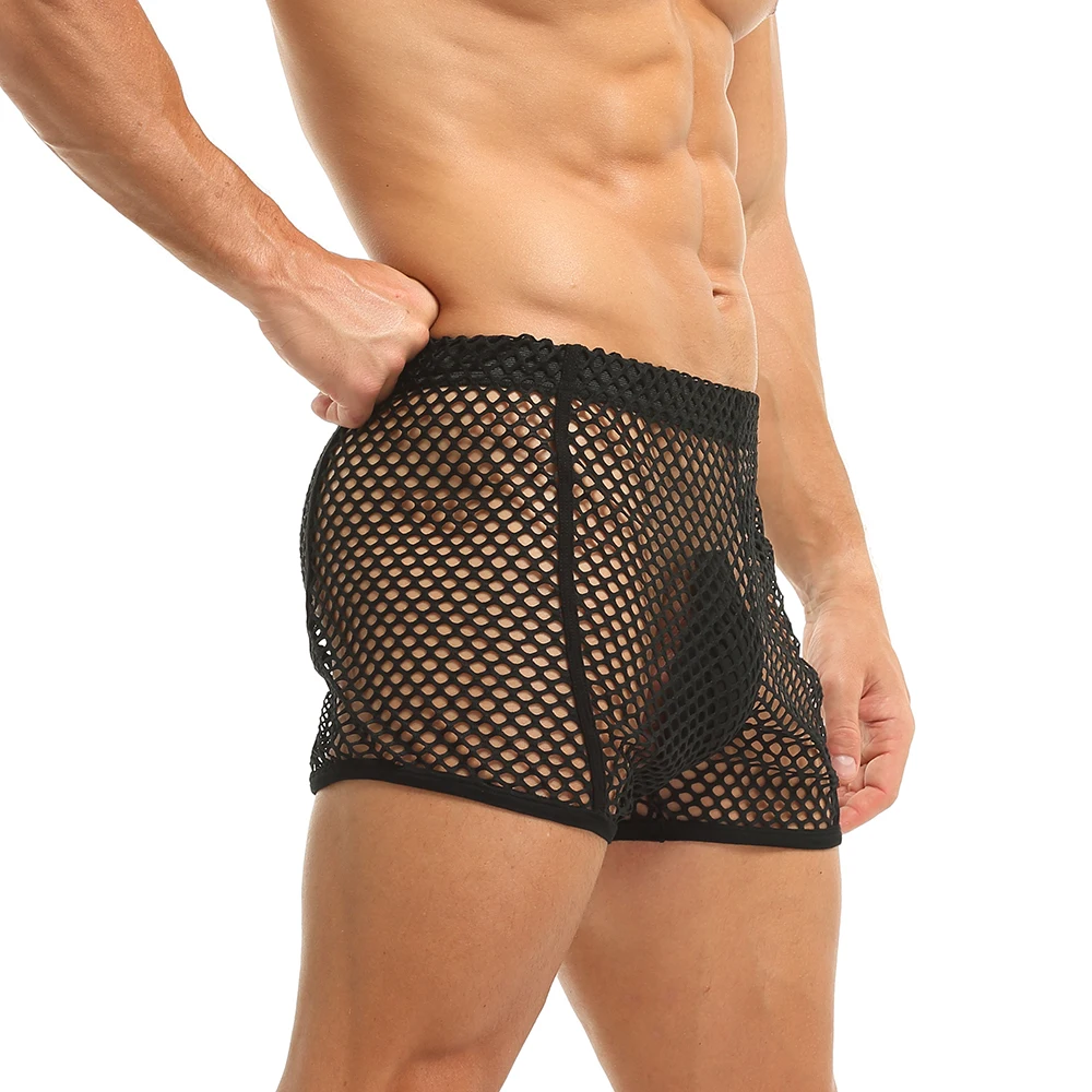 Fishnet Sexy Boxers Transparent Black New Underwear Mesh Loose Shorts Men Breathable See Through Low Rise Male Lingerie 2022