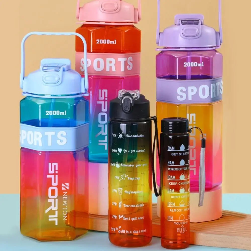 Three Piece Set Sports Water Bottle Set Hexagon Gradient Color Leak Proof Colorful Cup Large Capacity Transparent