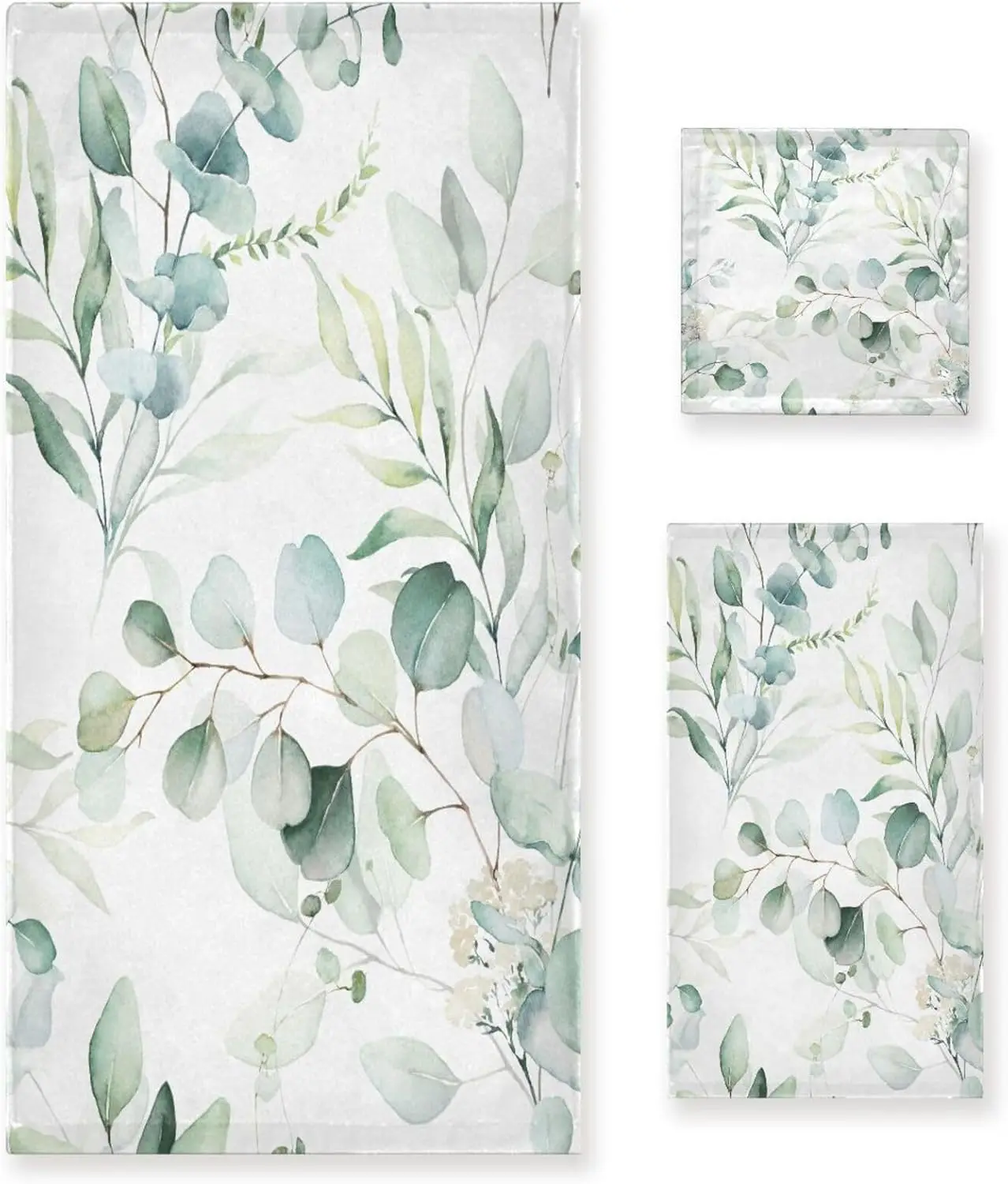 

3 Piece Sage Green Eucalyptus Bath Towels Set,Microfiber Absorbent Vintage Watercolor Leaves White