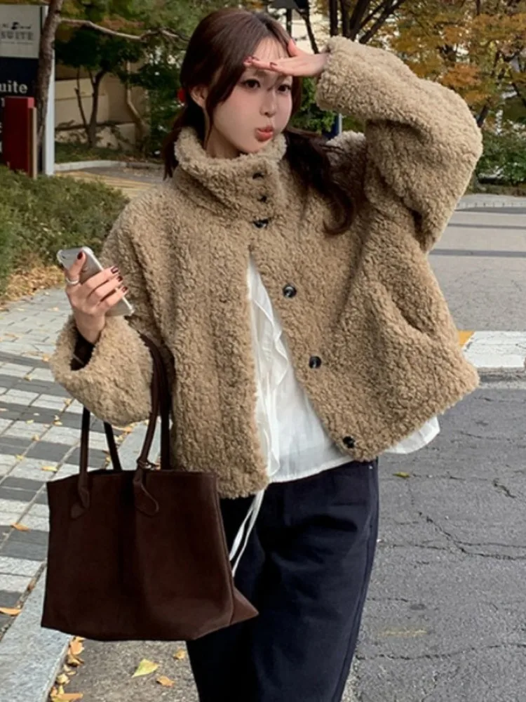 

Casual Cotton Jaet Women's ort Lamb Fur Lined Stand Collar Loose Fit Winter Coat Campus Sle Streetwear Outdoor Activities