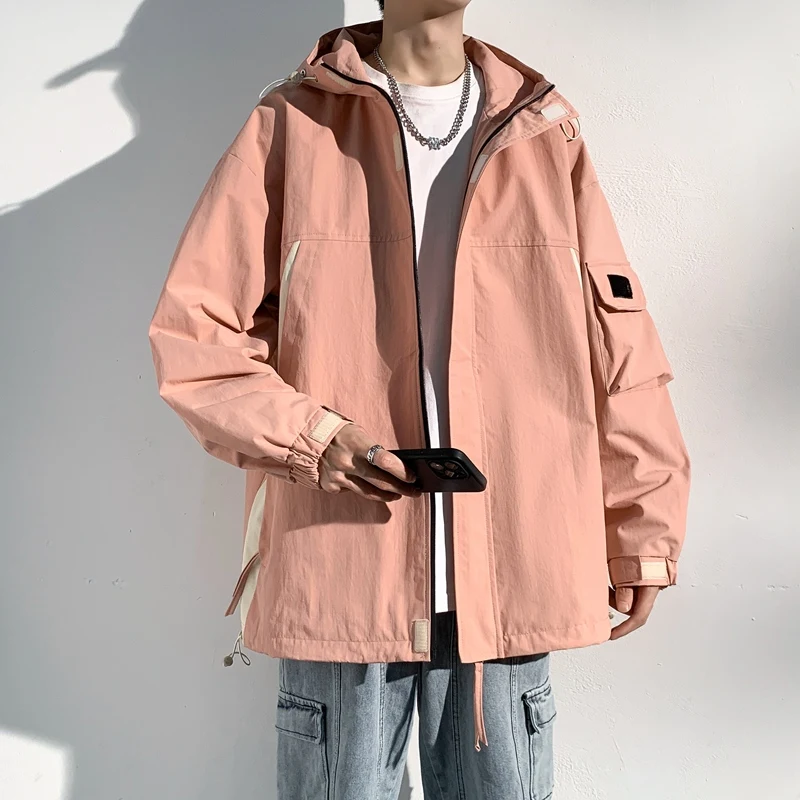 Neue Herren jacke im koreanischen Stil schwarzer Kapuzen mantel lässiges Outdoor-Paar Klettern wind dichte wasserdichte Wind jacke mit hohem Reiß verschluss