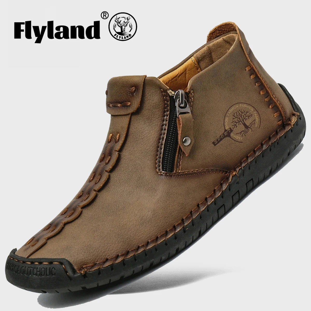 FLYLAND Retro Classic Men's Leather Shoes Handmade British Style Breathable Driving Shoes  Ankle Boots