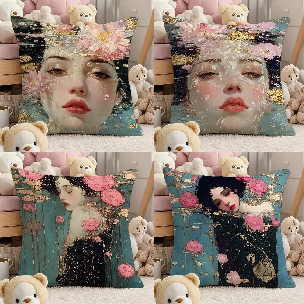 

K-k-Klimt Oil Painting Style Illustration Pillow Case Comfort Sofa Bed Silky Elegant Invisible Zipper Custom Decorative Cushion