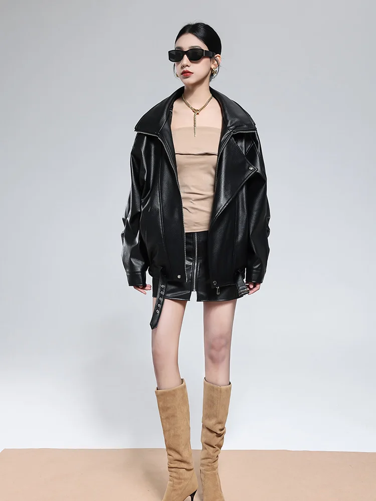 Mauroicardi Spring Autumn Cool Handsome Oversized Brown Soft Pu Leather Jacket Men Belt Loose Casual Runway Fashion Clothes 2025