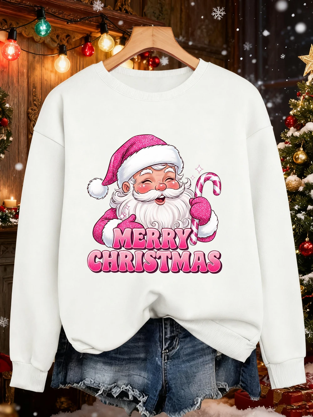 Vrolijk Kerstfeest Roze Kerstman Prints Sweatshirt Dames Crewneck Basics Hoodie Losse Fleece Warme Trui Winter Casual Kleding