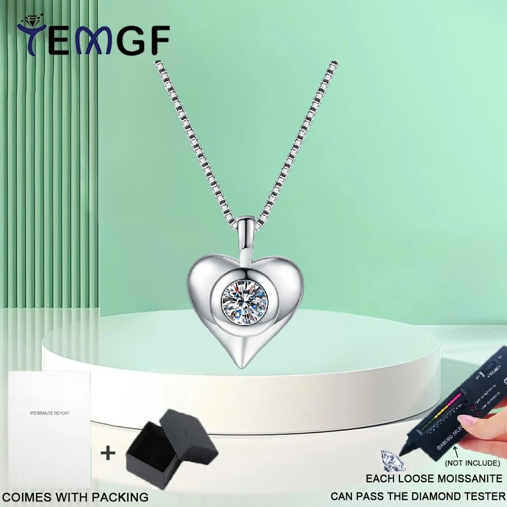 

TEMGF 1CT Moissanite Pendant Necklace With GRA S925 Silver Box Chain Romantic Heart-shaped Design for Women Girls Fine Jewelry